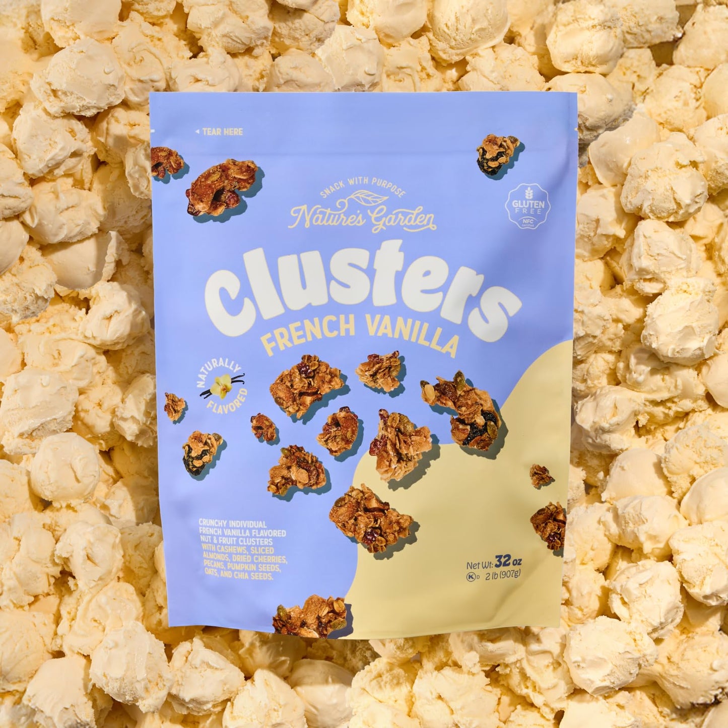 Natures Garden French Vanilla Clusters, 32oz Pouch - Chunky Nut, Seed & Cherry Snack Bites - Gluten-Free, Kosher, Nutrient-Dense