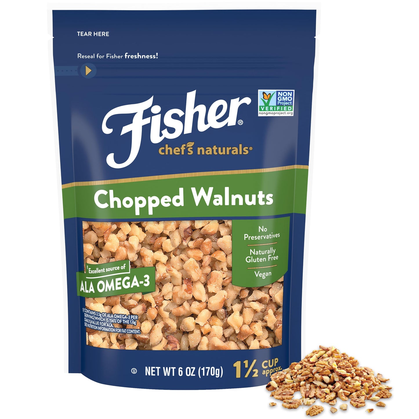 Fisher Chefs Naturals Chopped Walnuts, 6 Ounces, California Grown Walnuts, Unsalted, Naturally Gluten Free, No Preservatives, N