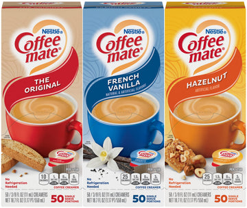 Nestle Coffee Mate Creamer Singles Variety Pack, Original, French Vanilla, Hazelnut, Non Dairy, No Refrigeration, 0.375 Fl Oz Tubs, 150 Count (Pack Of 50 Per Flavor)