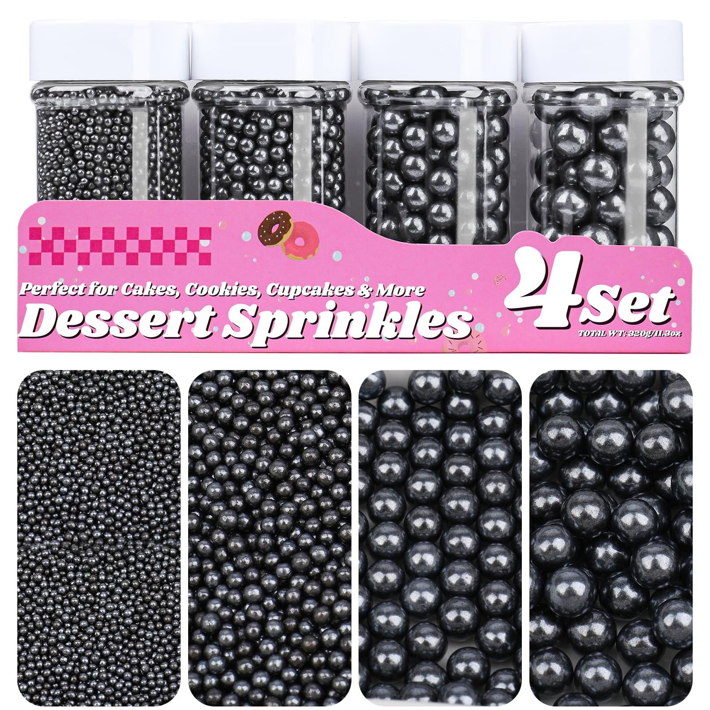 Black Pearl Sprinkles for Cake Decorating, 11.3 Oz Edible Pearls Sugar Large Capacity 4 Jars Set for Baking Cookie Ice Cream Cup