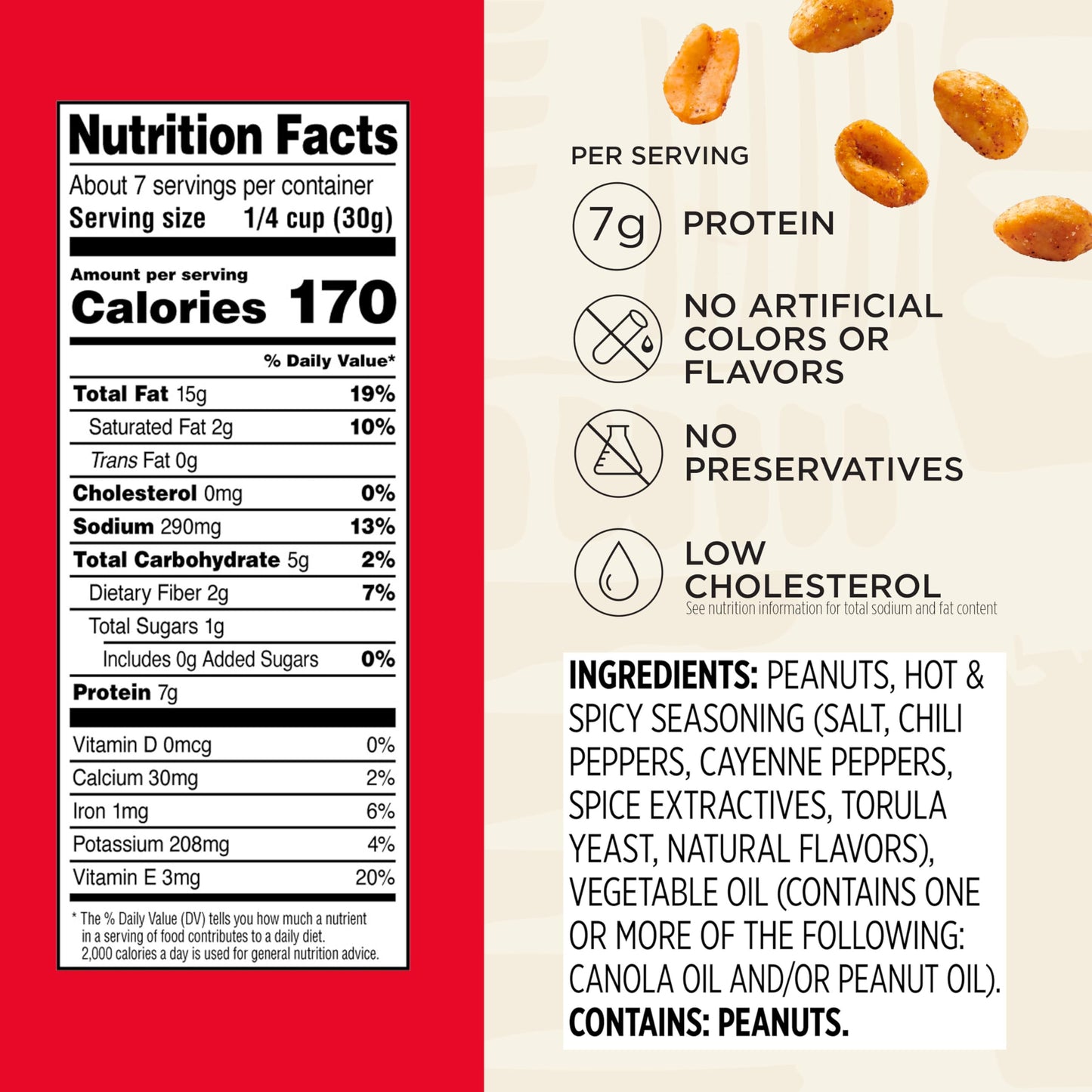 Snak Club Hot And Spicy Peanuts, Chili And Cayenne Pepper Seasoned Nuts, Gluten-Free And Kosher Snack, 7.5 Oz Resealable Bags, 6 Pack