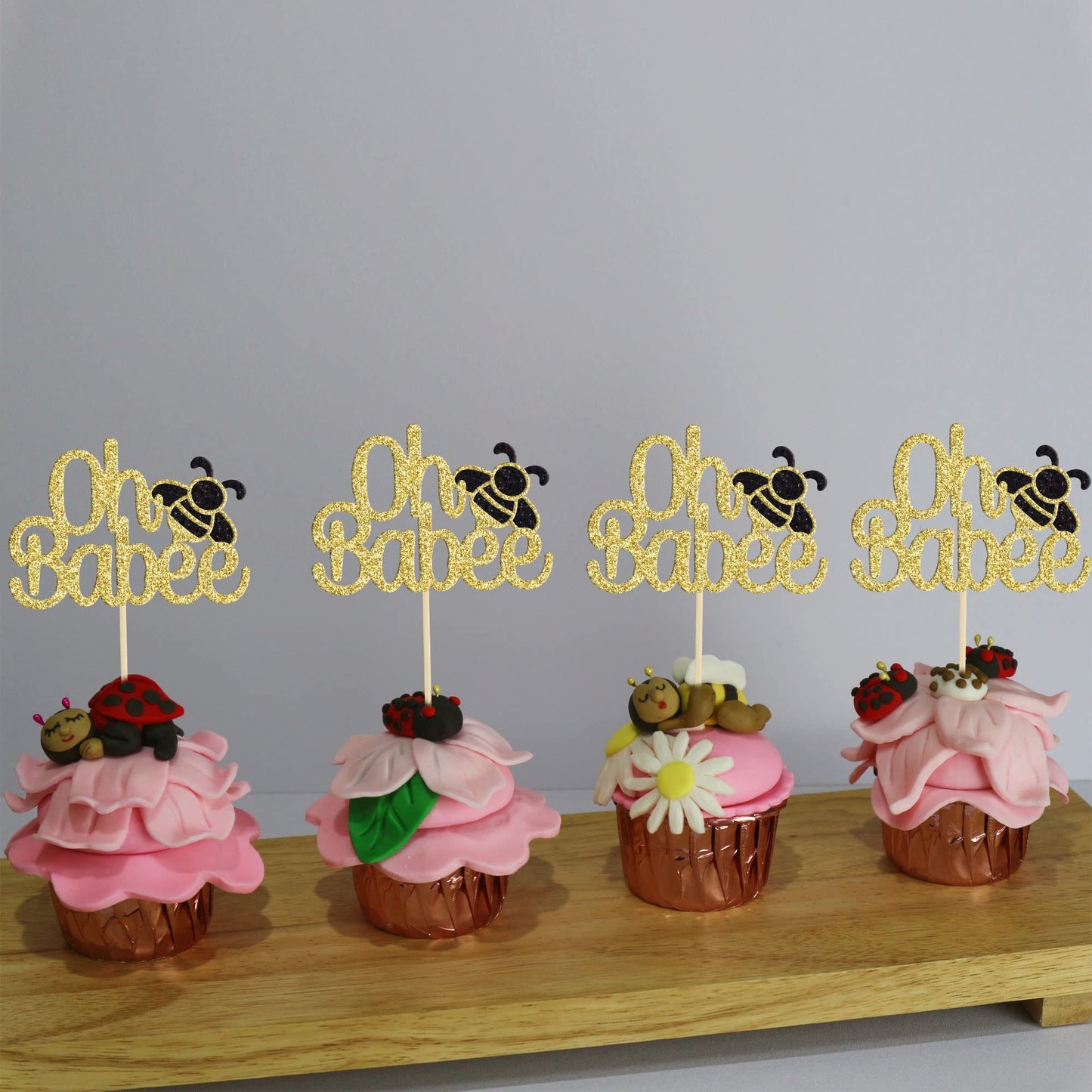 Gyufise 24Pcs Bumble Bee Cupcake Toppers Oh Babee Cupcake Picks Gold Glitter Oh Baby Cupcake Picks For Baby Shower Birthday Part