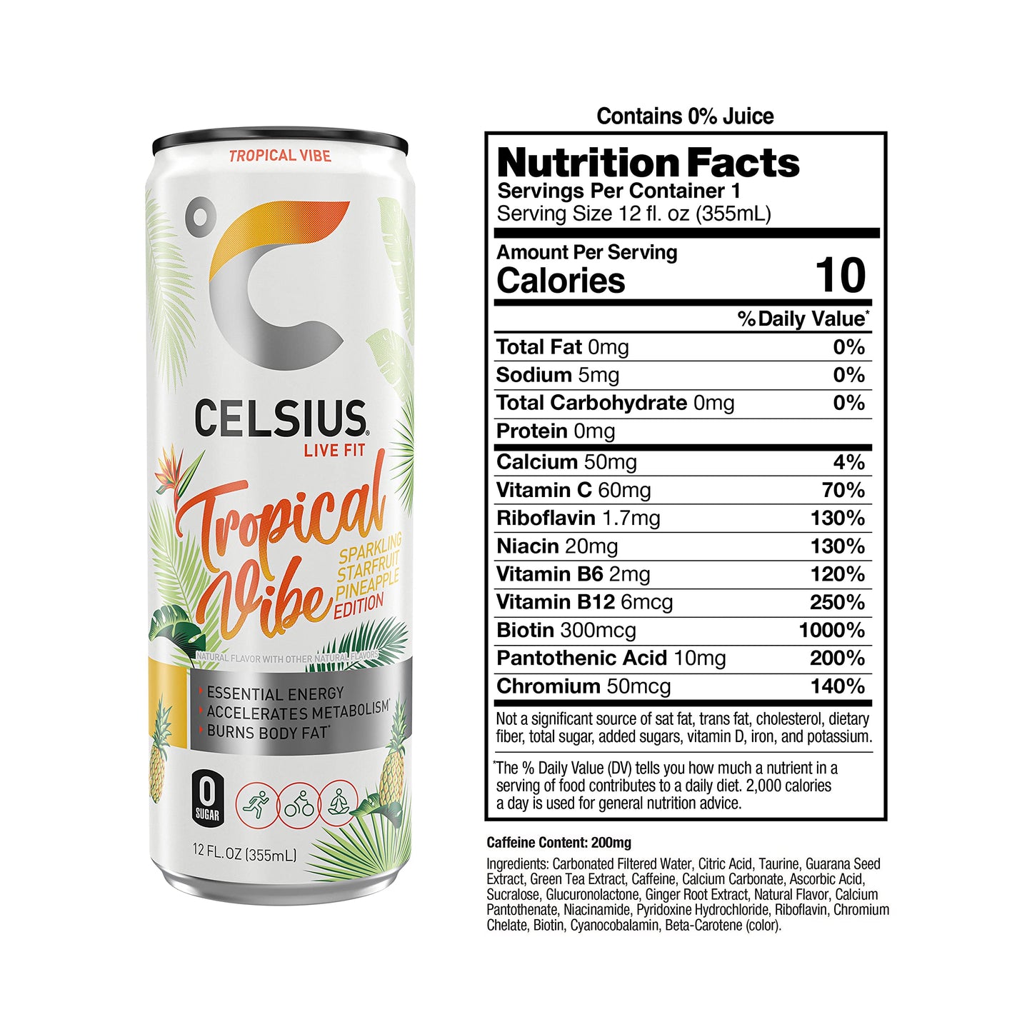 CELSIUS Sparkling Tropical Vibe, Functional Essential Energy Drink, 12 Fl Oz (Pack of 24)