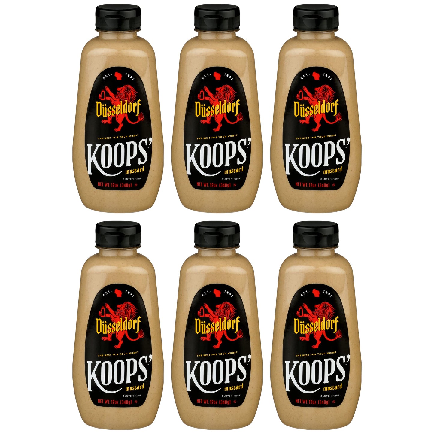 KOOPS Dusseldorf Mustard, German-Style Bratwurst Mustard, Gluten-Free, Kosher, 12 Oz, Pack of 6