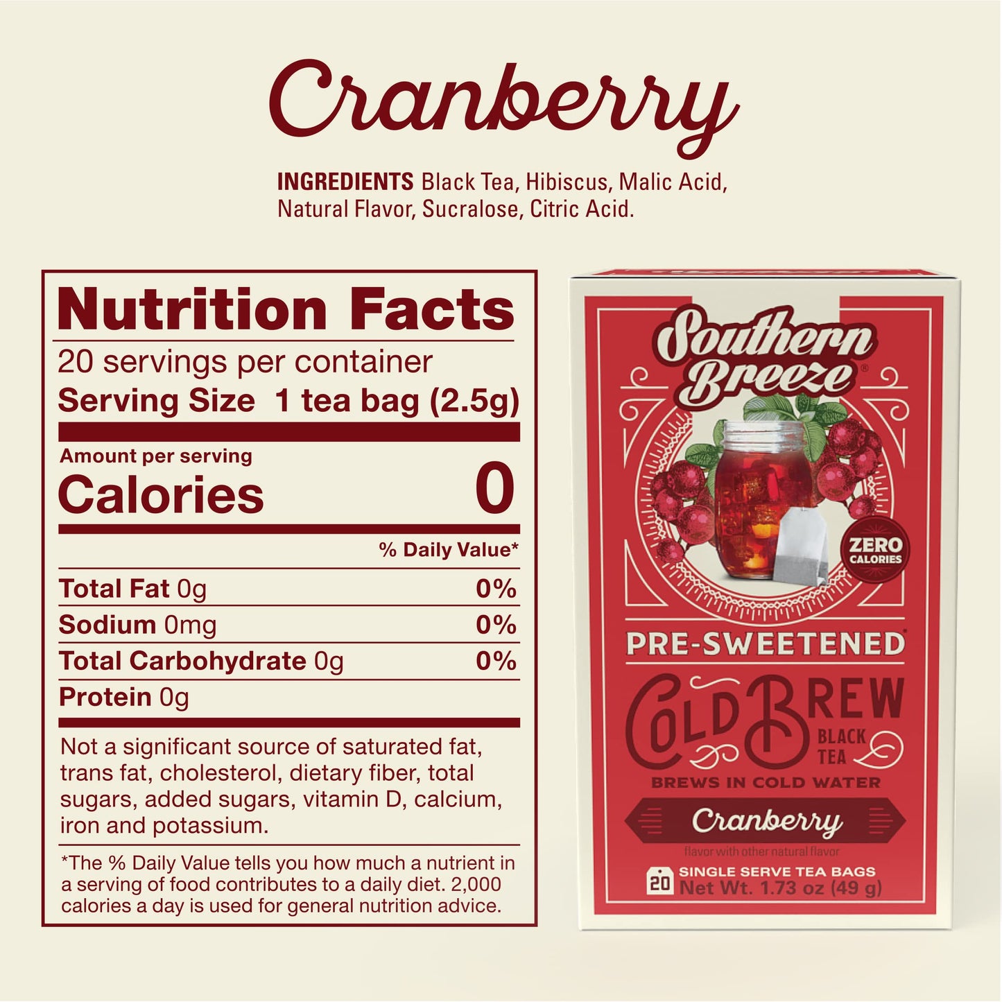 Southern Breeze Cold Brew Sweet Tea Cranberry Iced Tea With Black Tea And Zero Carbs Zero Sugar, 20 Individually Wrapped Tea Bag