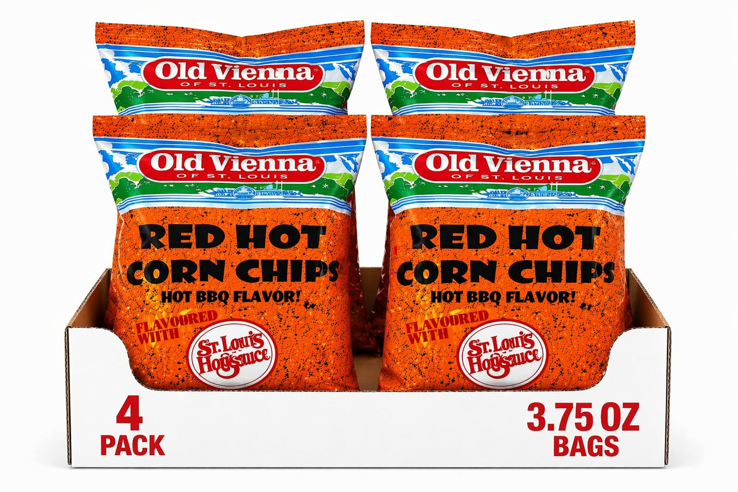 Old Vienna of St. Louis Red Hot Corn Chips - Hot BBQ Flavor - 4 Pack (3.75oz) - St. Louis Style Spicy Corn Snacks