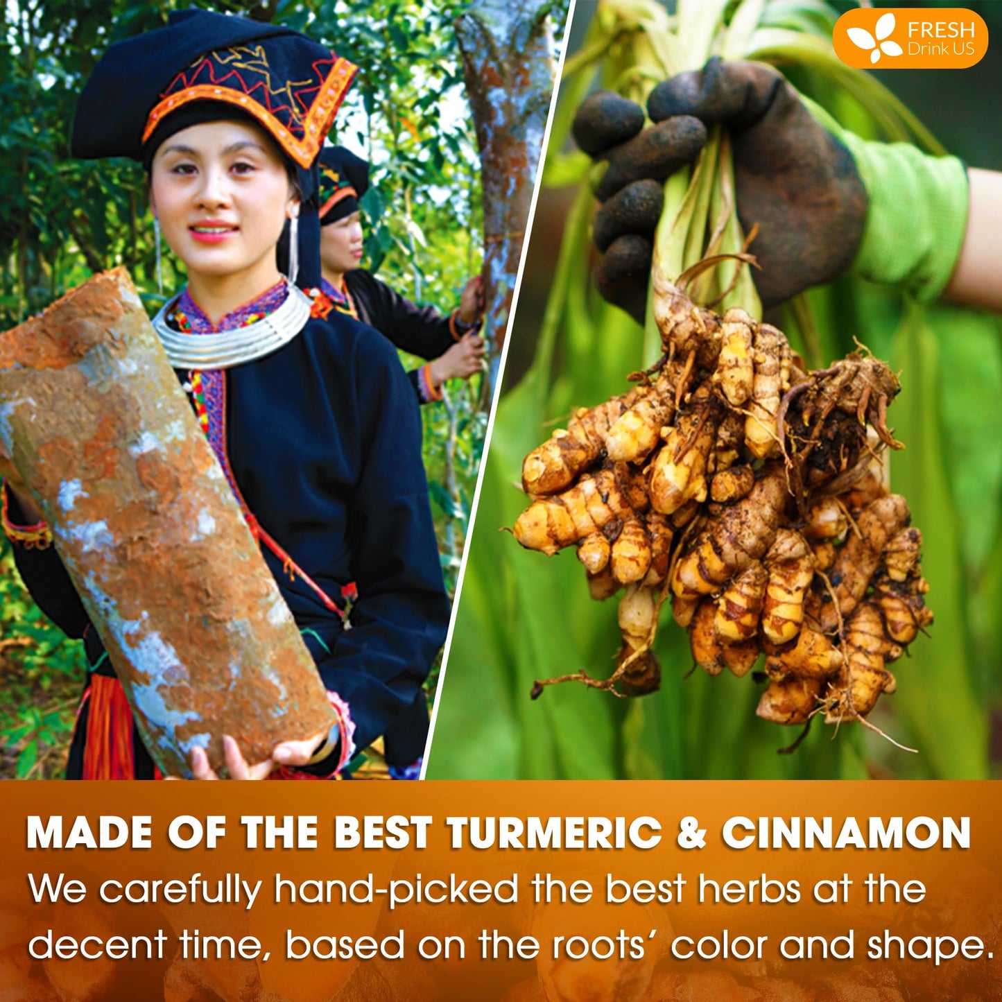 FRESHDRINKUS Turmeric Cinnamon Tea Bags, 100% Natural, Caffeine-Free, 75 Bags