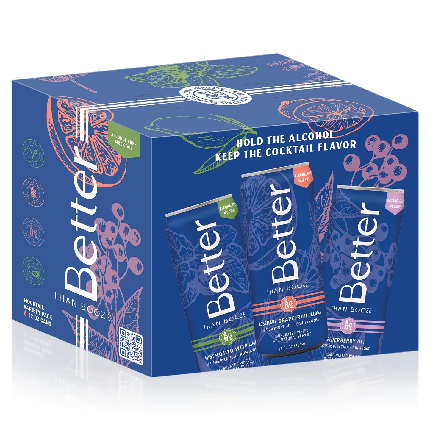 Better Than Booze Non-Alcoholic Mocktails, 6 Pack - Alcohol-Free Drinks, 3 Varieties