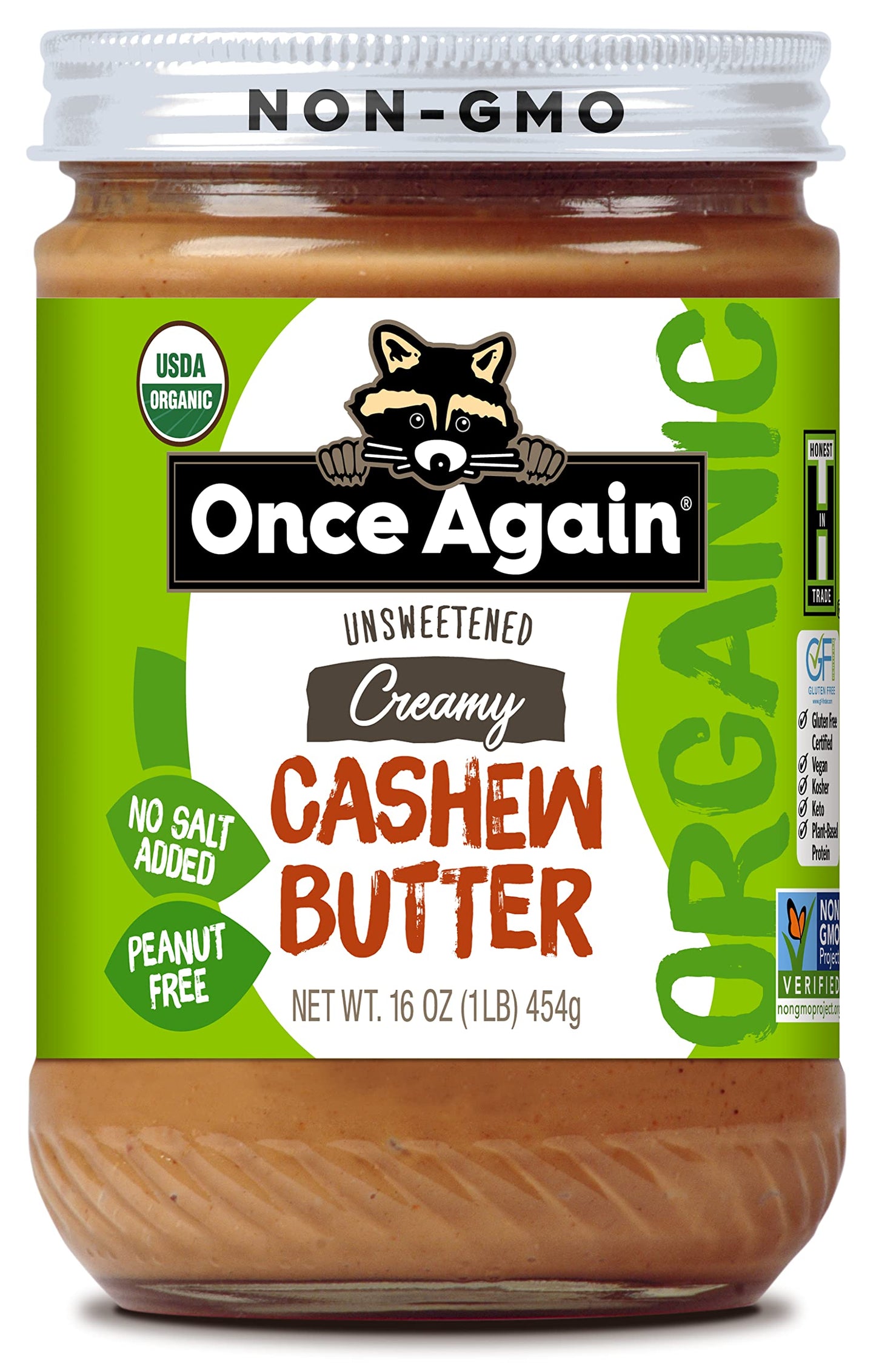 Once Again Organic Creamy Cashew Butter, 16oz - Unsweetened - USDA Organic, Gluten free Certified, Vegan, Kosher, Peanut Free - Glass Jar… (1 Jar)
