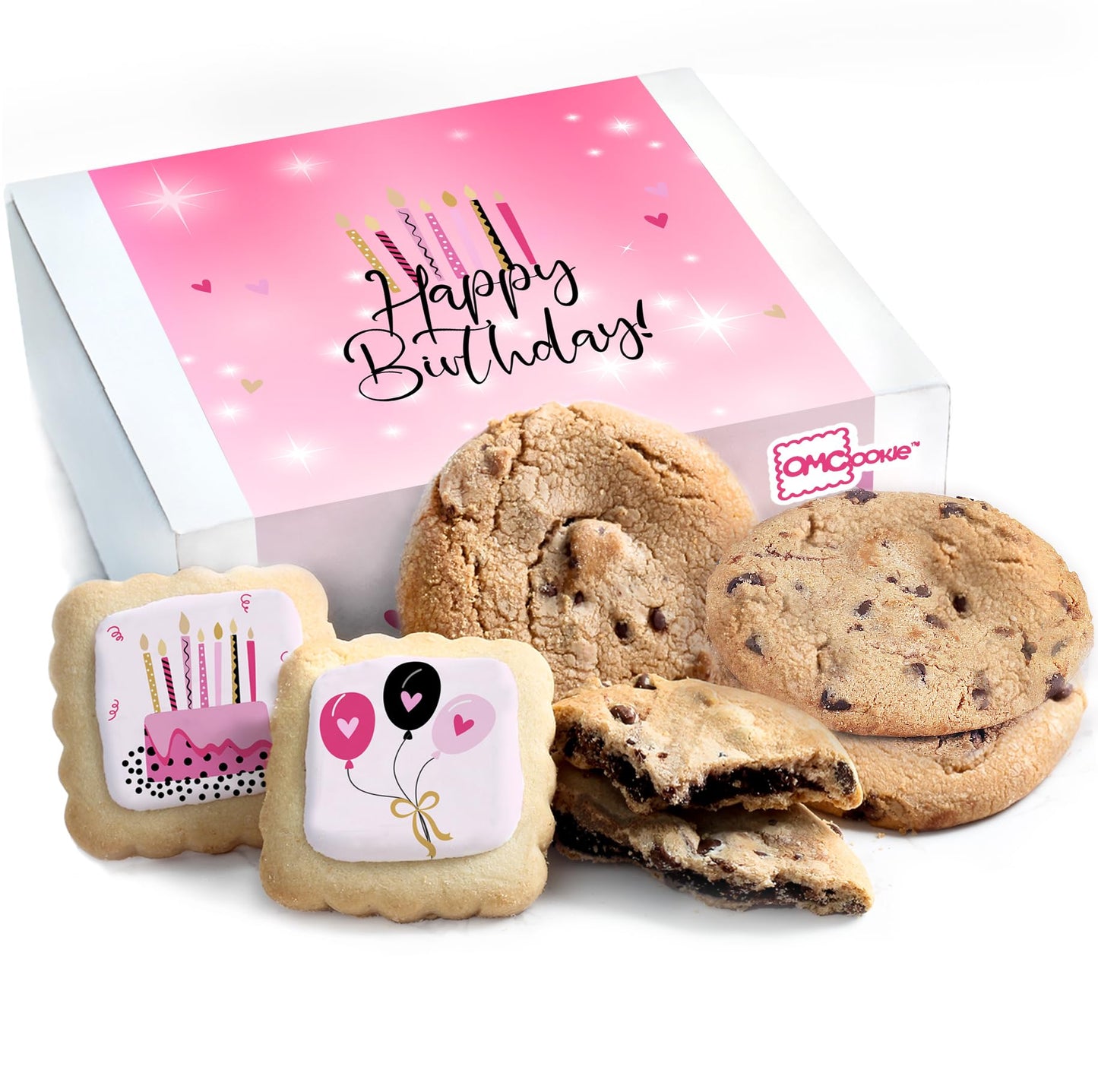 Happy Birthday Gift Basket Cookies Chocolate Chip Cookie Fudge Filled For Her Women Girls Kids | Individually Wrapped Pink Treat Food Package