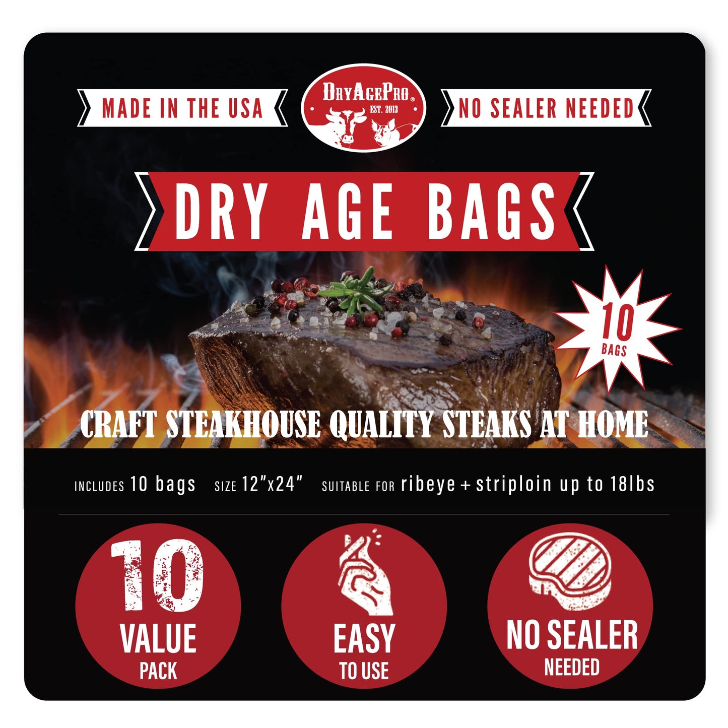 Dryagepro Dry Age Bags For Meat 12 X 24 Bags For Ribeye And Layerloin Up To 18 Lbs Pack Of 10 No Vacuum Sealer Needed Easy-To-Use Steak Aflavor Blendg Kit