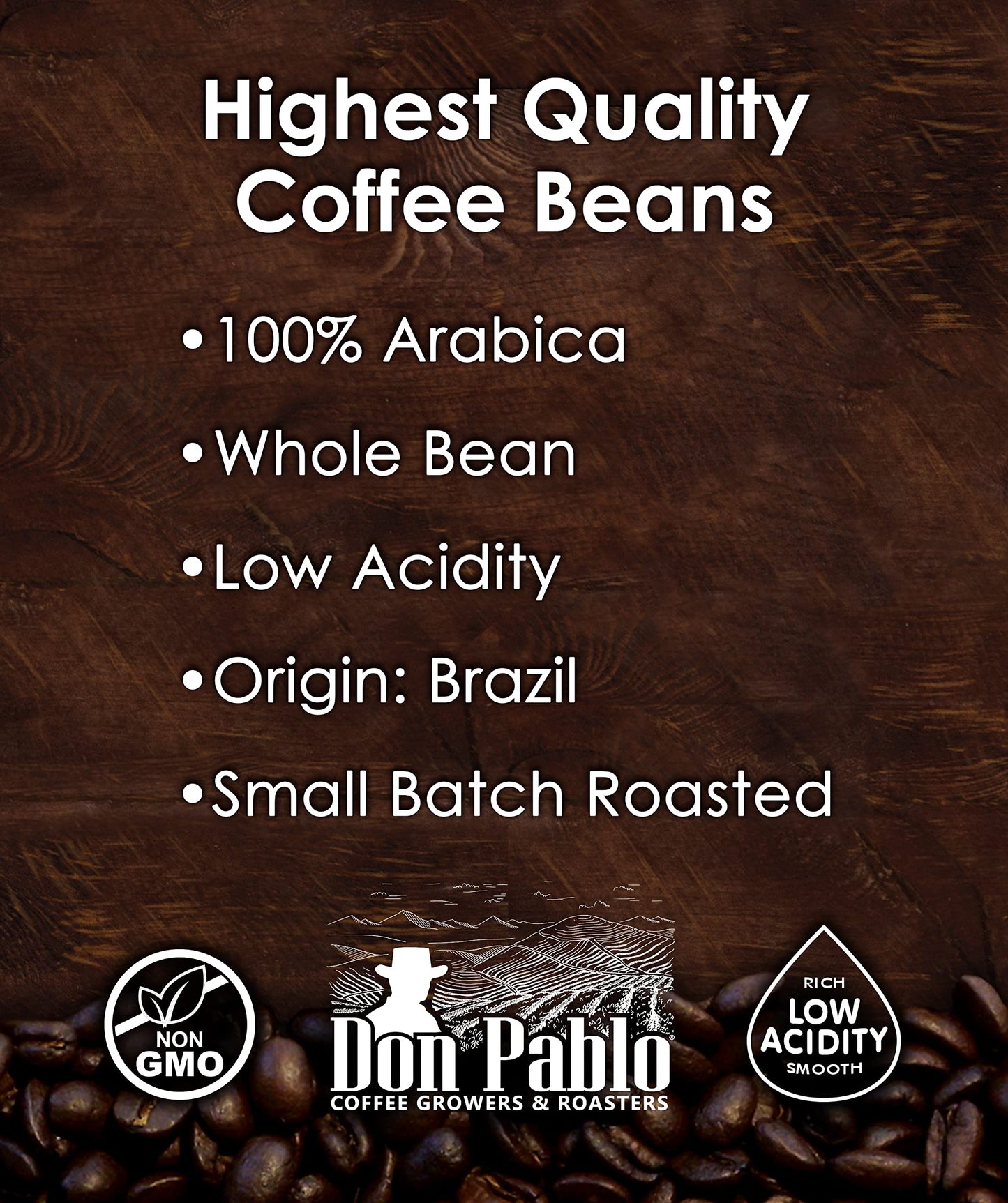 Don Pablo Gourmet Coffee 2LB - Brazil Cerrado Medium Dark Roast Whole Bean, 100% Arabica, Low Acidity, Non-GMO - 32oz Bag