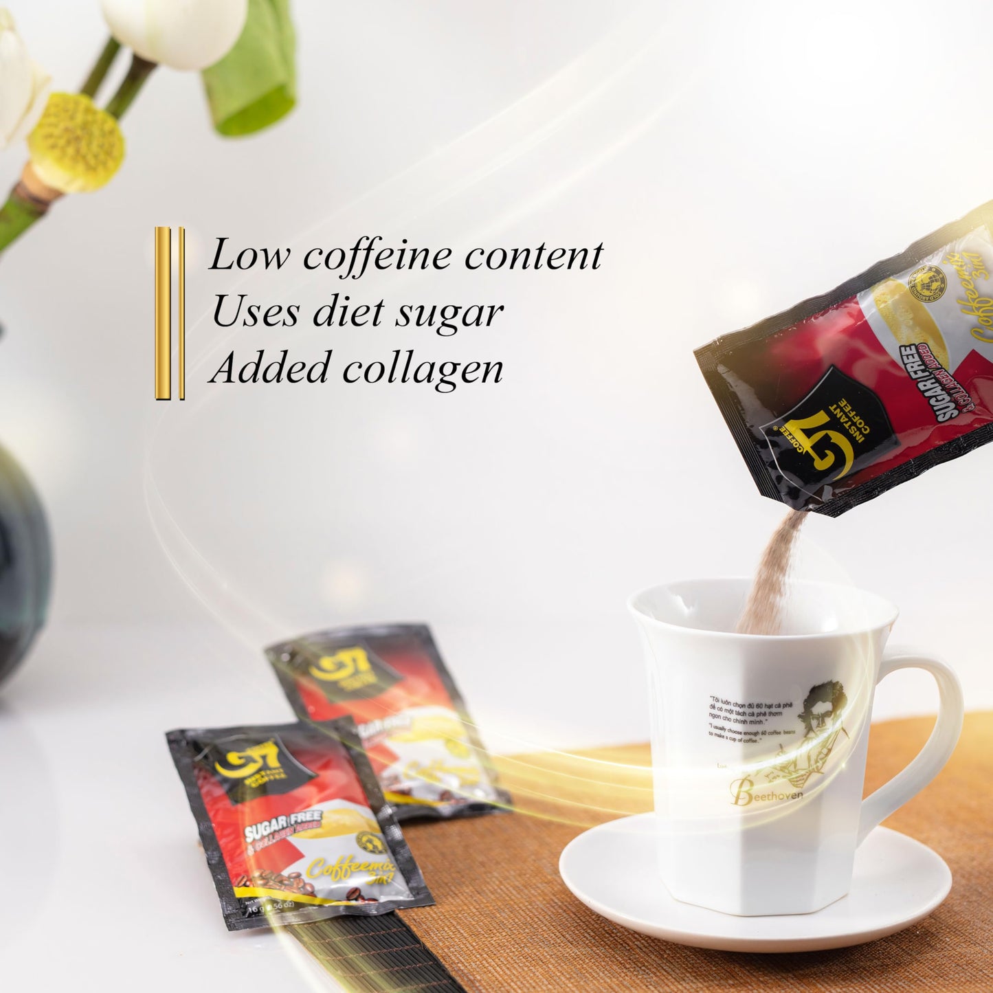 Trung Nguyen G7 3-In-1 Collagen Added & Sugar Free Instant Coffee For Energy Boost - Collagen Added, Low Caffein & Diet Sugar -