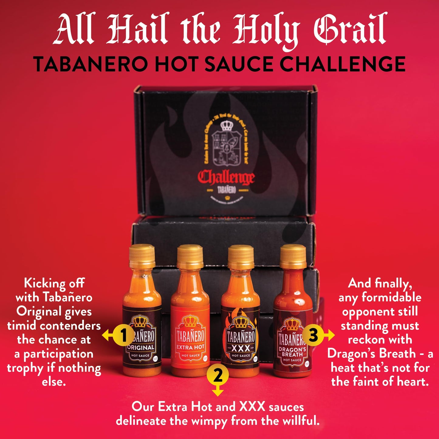 Tabanero Mini Hot Sauce Challenge Box - Original, Extra Hot, XXX Hot & Dragon’s Breath - Gluten Free, Vegan, 4-Pack, 1.7 oz Bottles