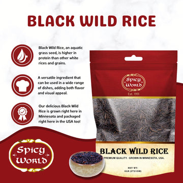 Minnesota Grown Black Wild Rice 6 Pound Bag - Premium Quality, All Natural - By Spicy World
