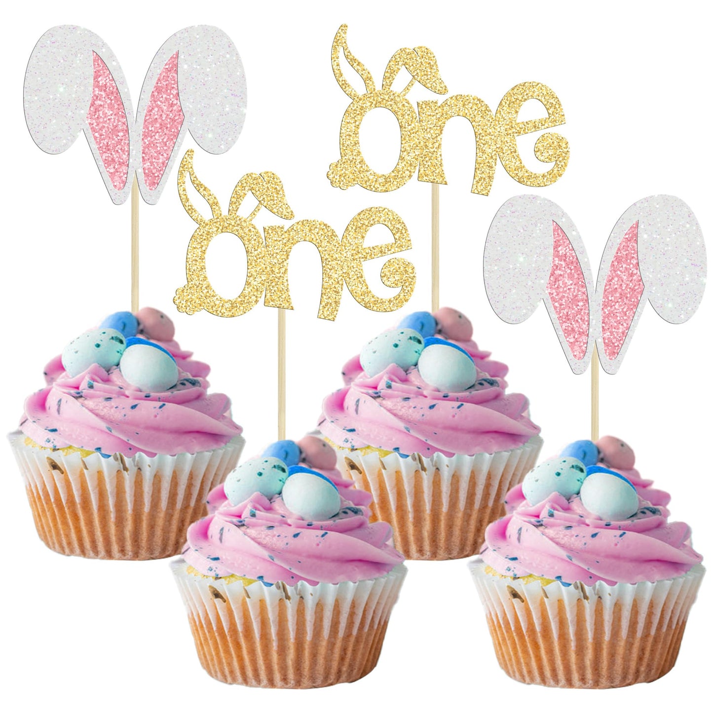 Gyufise 24Pcs Easter Bunny One Cupcake Toppers Glitter Rabbit Ears One Cupcake Picks Easter Day 1St Cupcake Toppers For Easter Theme Spring Birthday Baby Shower Party Supplies