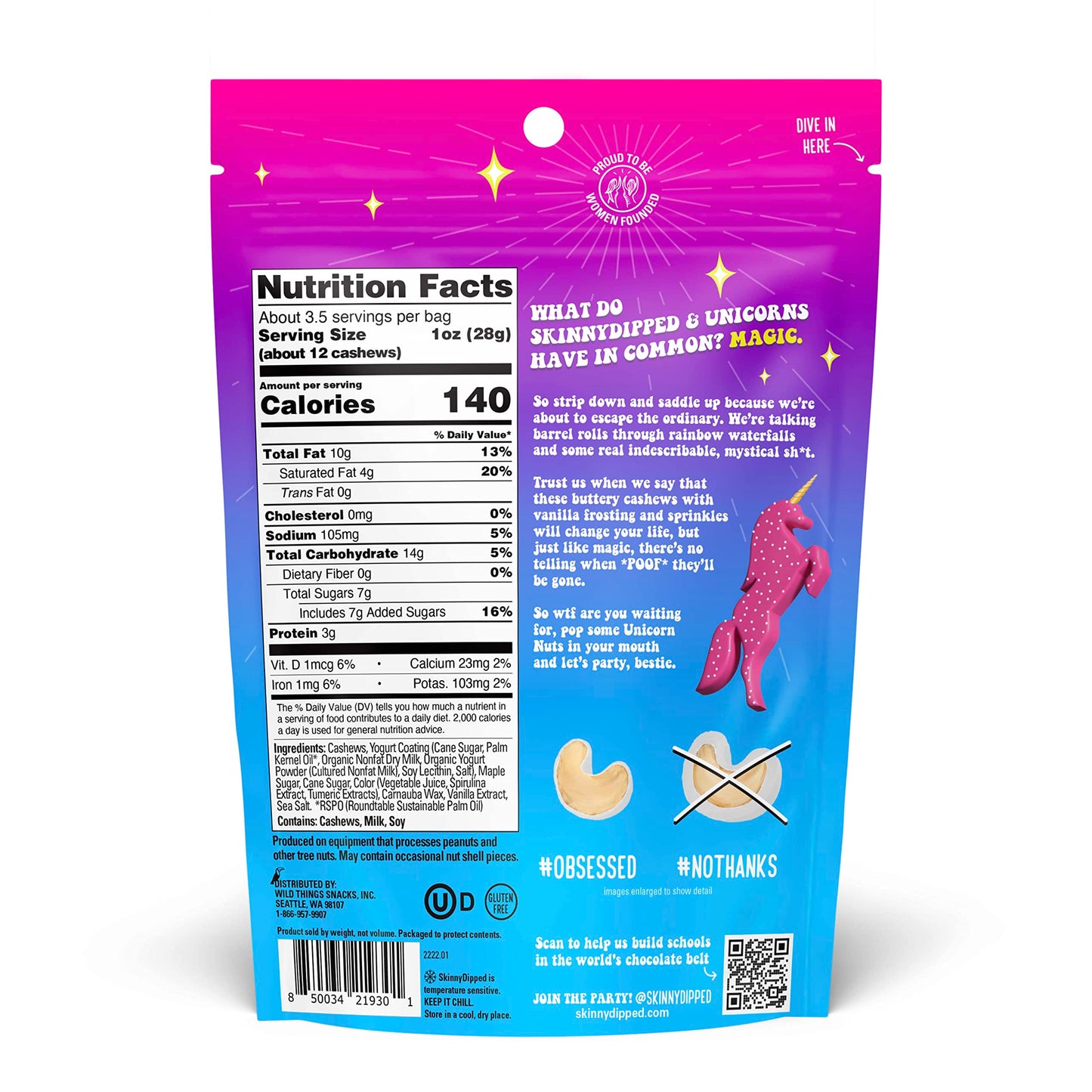 Skinnydipped Unicorn Birthday Cake Cashews, Healthy Snack, Plant Protein, Gluten Free, Resealable Bags, 3.5 Ounce (Pack Of 5)