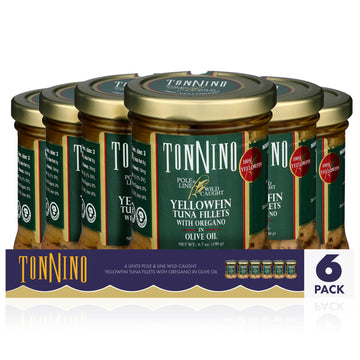 Tonnino Tuna Fish Yellowfin Pole&Line - Oregano - Pack of 6 - Alternative to Salmon - Protein Snacks - Ready to Eat Meals in Jar
