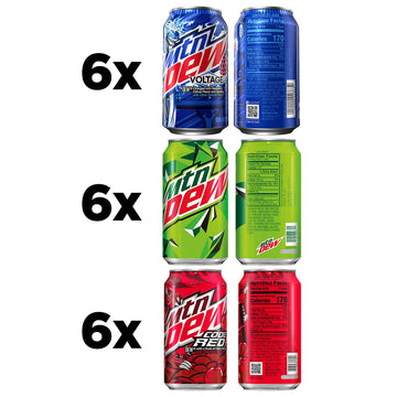 Mountain Dew 3 Flavor Variety Pack - Dew, Code Red, Voltage, 12 Fl Oz, Pack of 18