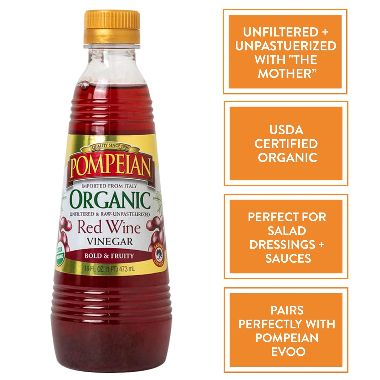 Pompeian Gourmet Organic Red Wine Vinegar Unfiltered & Unpasteurized Perfect for Marinades Salad Dressings & Sauces 16 FL. OZ.