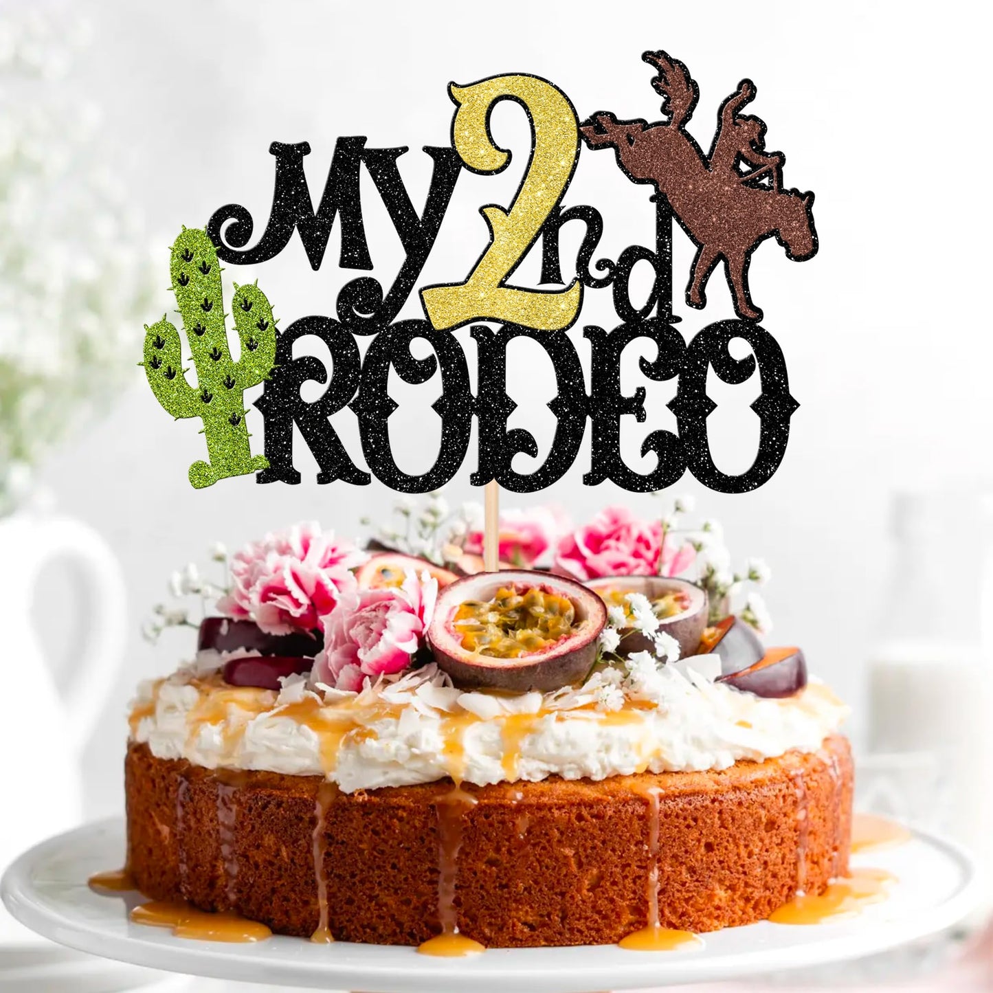 ZHUOWEISM Cake Topper for 2nd Birthday Party, Brown Glitter Cactus Decoration, Western Theme