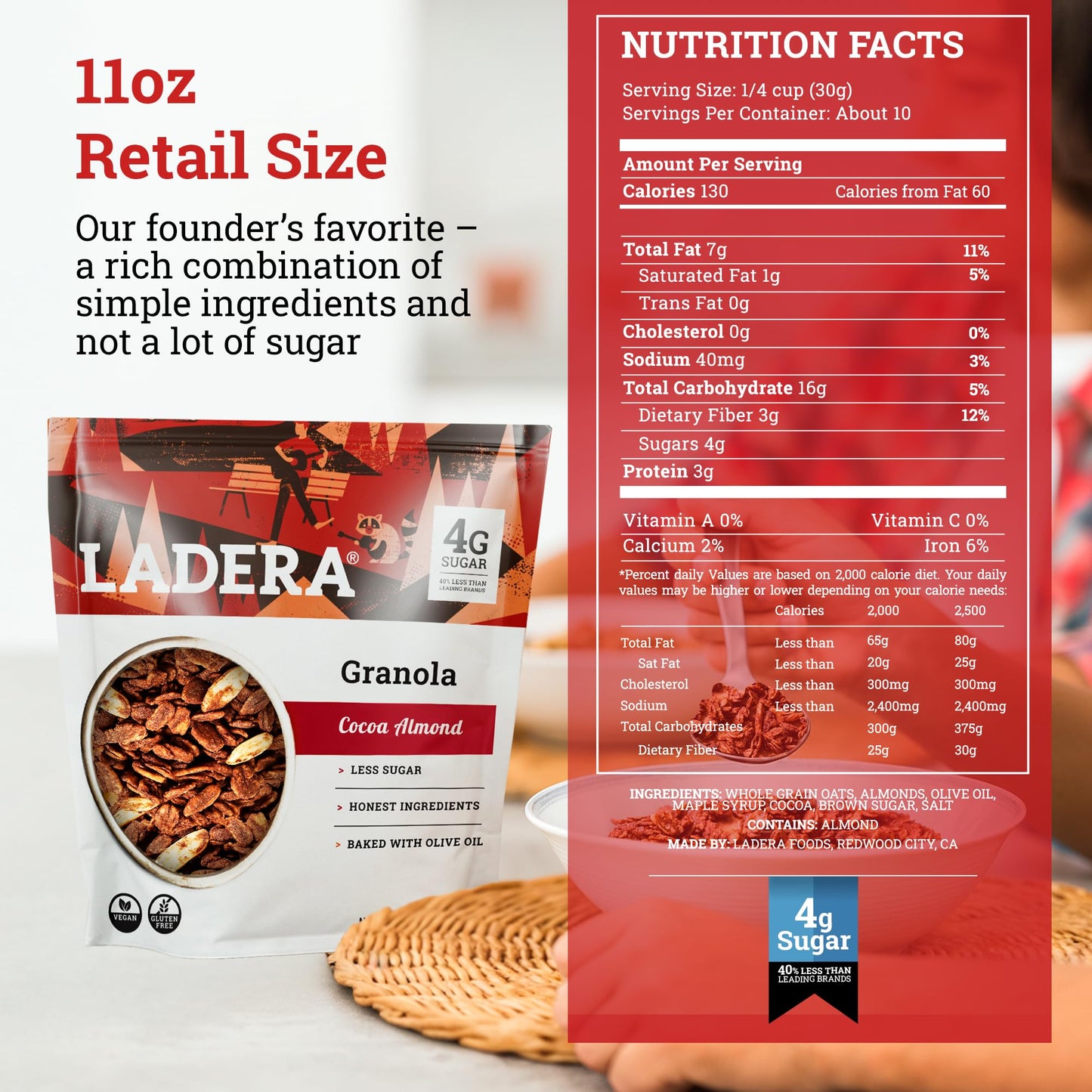 Ladera Foods Cocoa Almond Granola - Low Sugar, Gluten Free, Vegan - 11 oz