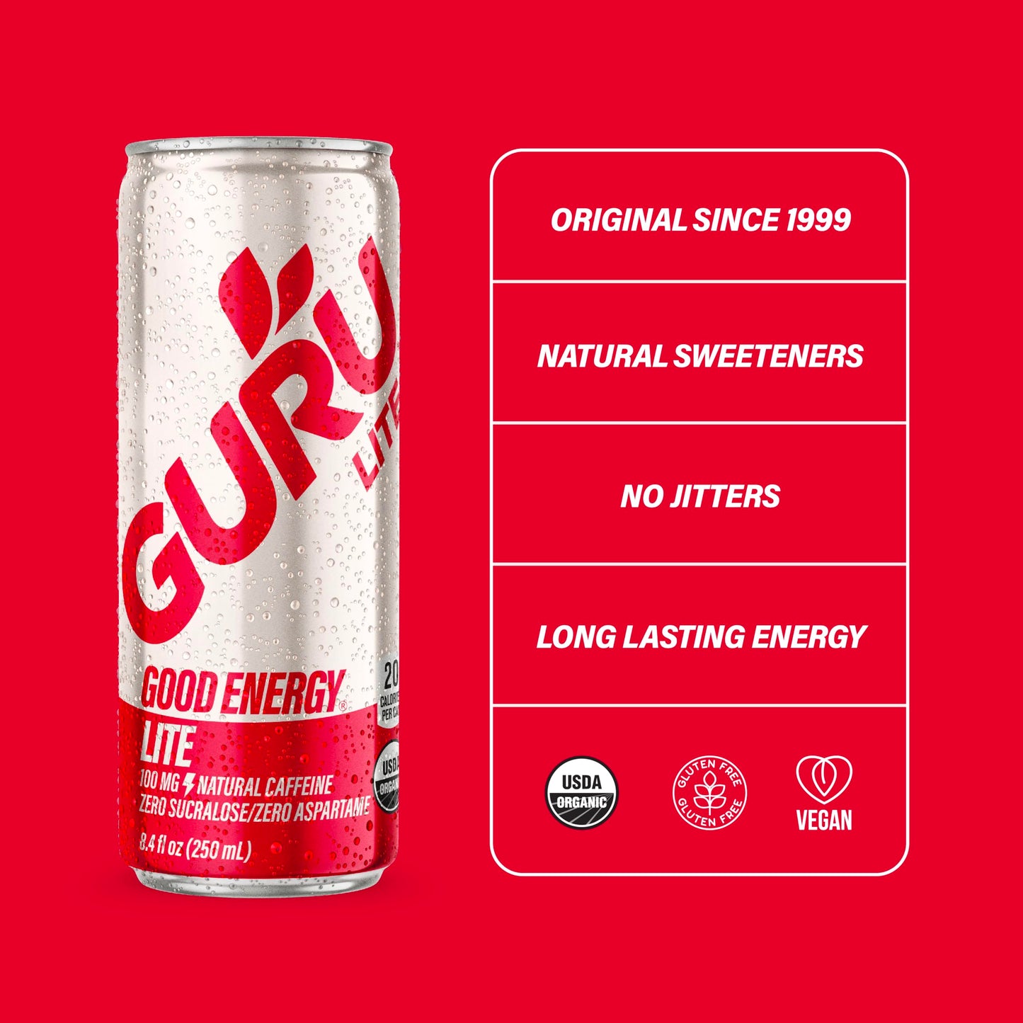 Guru Lite Organic Energy Drinks, Plant-Based Caffeine, Low Calorie, Vegan, 8.4oz (Pack of 24), Clear, Model 423962