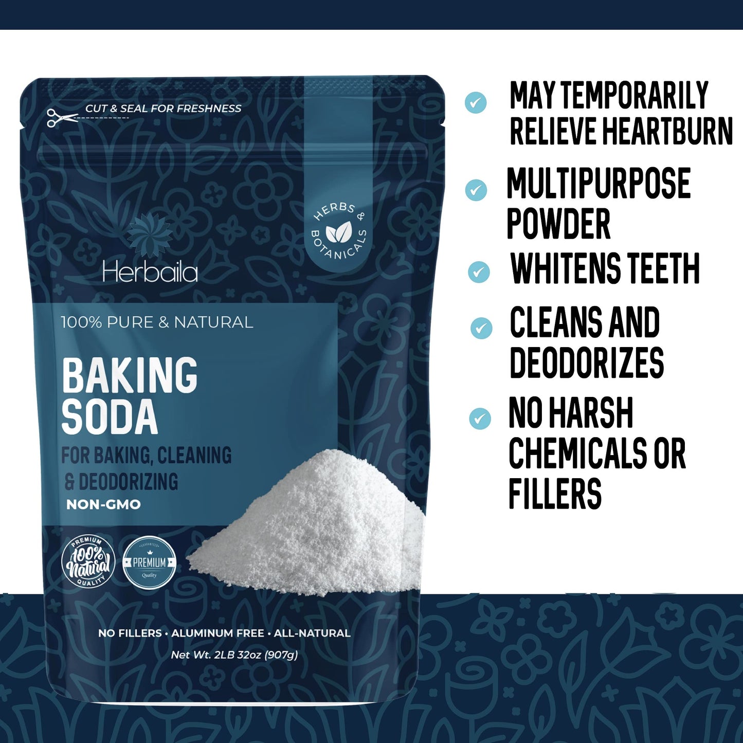Herbaila Baking Soda Bulk 2Lbs, Food Grade Baking Soda For Baking, Cleaning, Deodorizing And Household Usage, Baking Soda For Pool Cleansing, Gluten Free, No Fillers, Made In The Usa