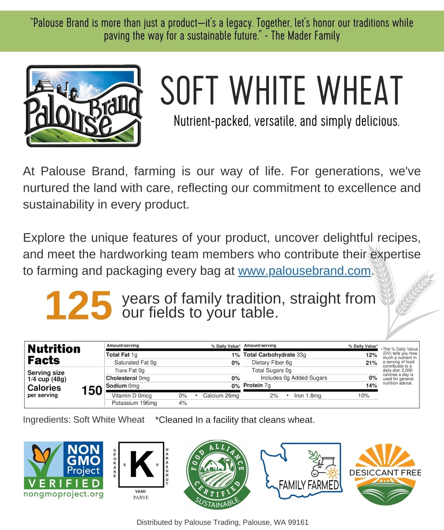 Palouse Brand Soft White Wheat Berries, 18 lbs, Certified Glyphosate Residue Free, Non-GMO, Kosher, Family Farmed in Washington State
