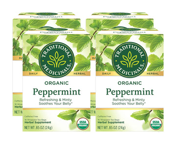 Traditional Medicinals Organic Peppermint Herbal Tea, Alleviates Digestive Discomfort, (Pack Of 4) - 64 Tea Bags Total