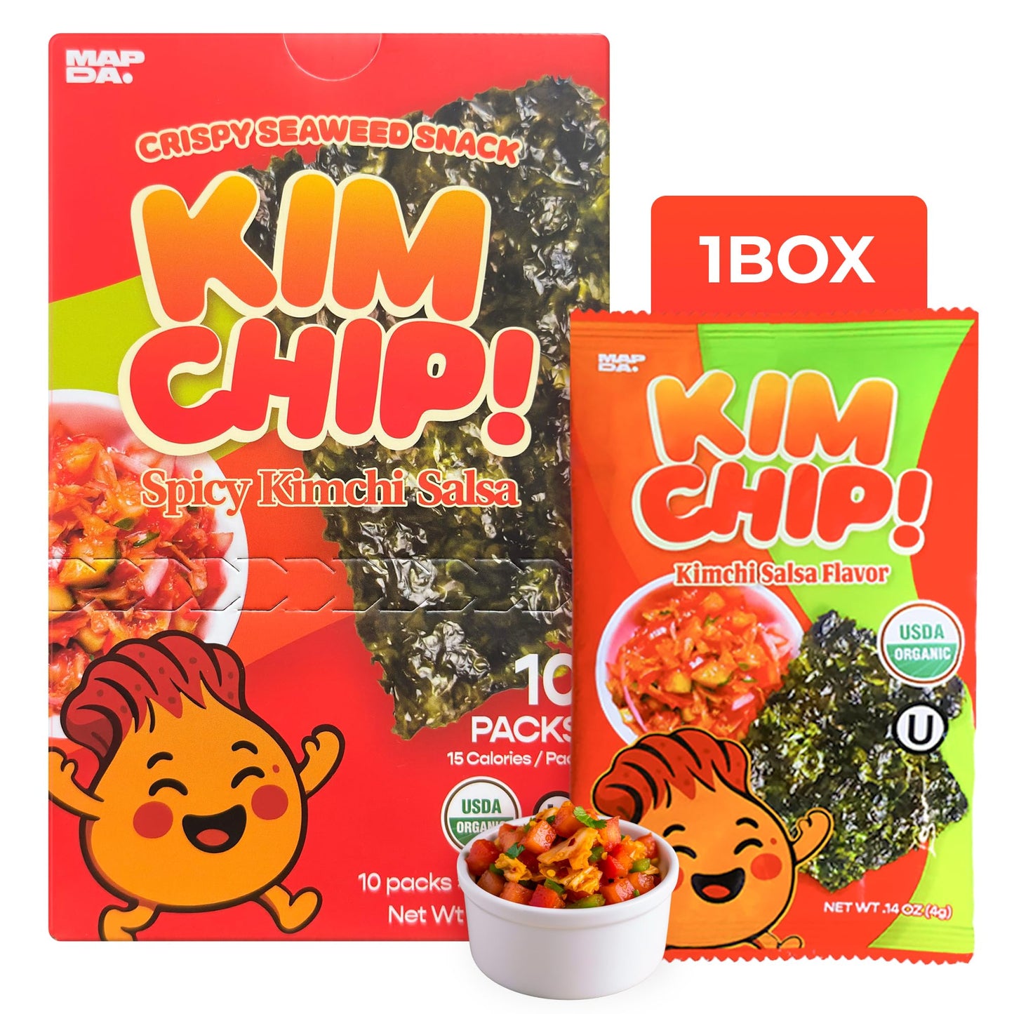 Kimchip (10-Pack) Spicy Kimchi Salsa Seaherbal Product Snack - Organic Vegan Gluten-Free Low-Calorie Nori Chips