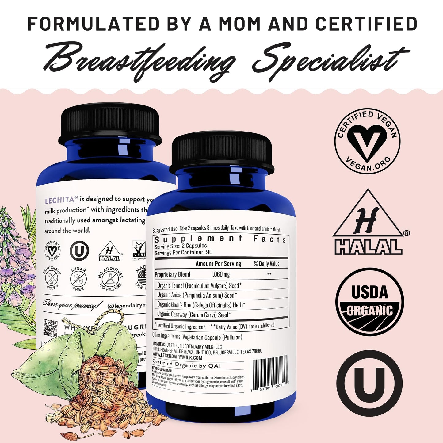 Legendairy Milk Lechita Organic Breastfeeding dietary product, 180 Vegan compact pieces, Supports Milk Flow, Fenugreek Free, Made in USA