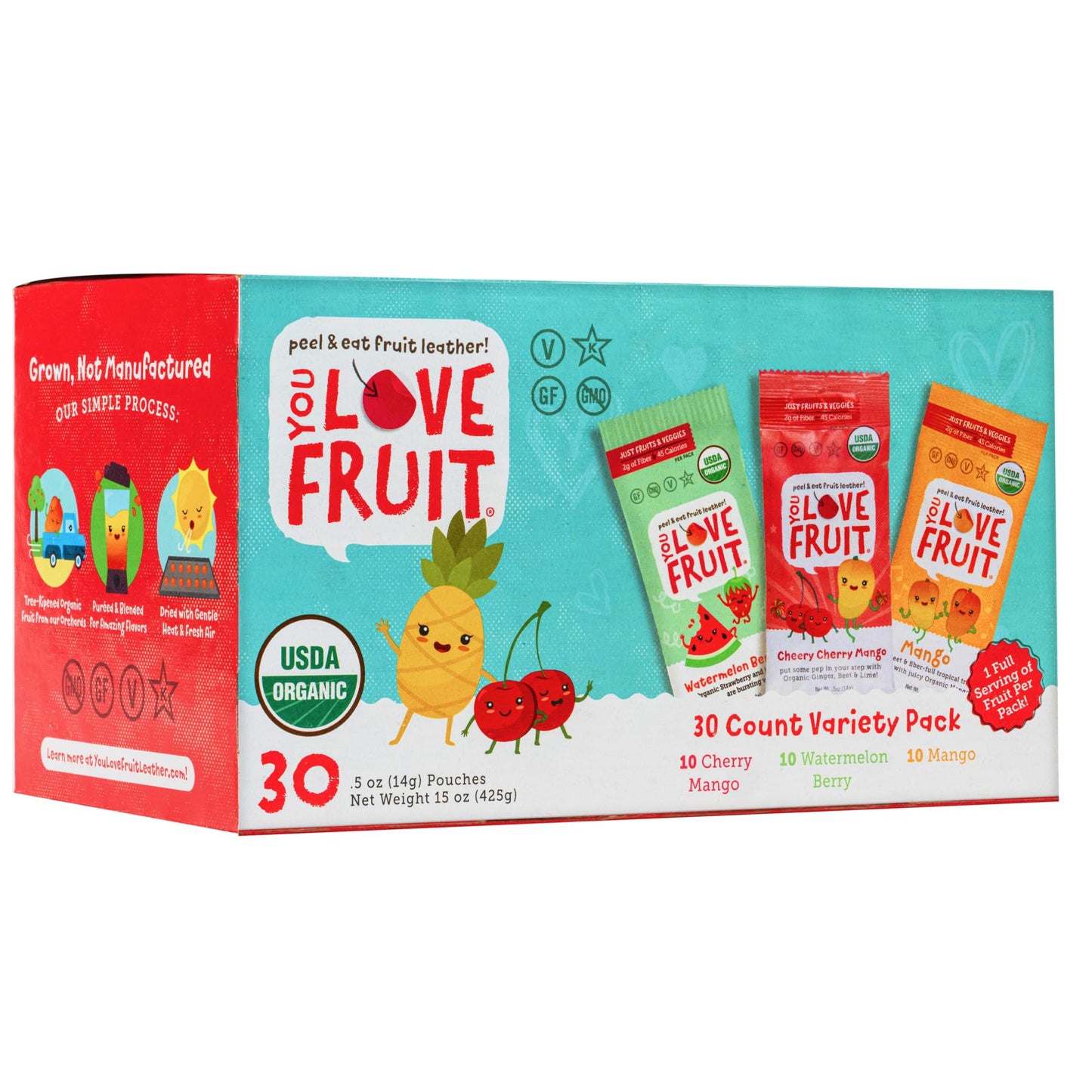 You Love Fruit - Fruit Snacks Variety Pack 30 Count 100% Natural Gluten-Free Vegan Low Carb Low Fat Fruit Kosher Snacks For Kids College Students Teachers And Offices Healthy Fruit Snacks (Cherry Watermelon Mango)