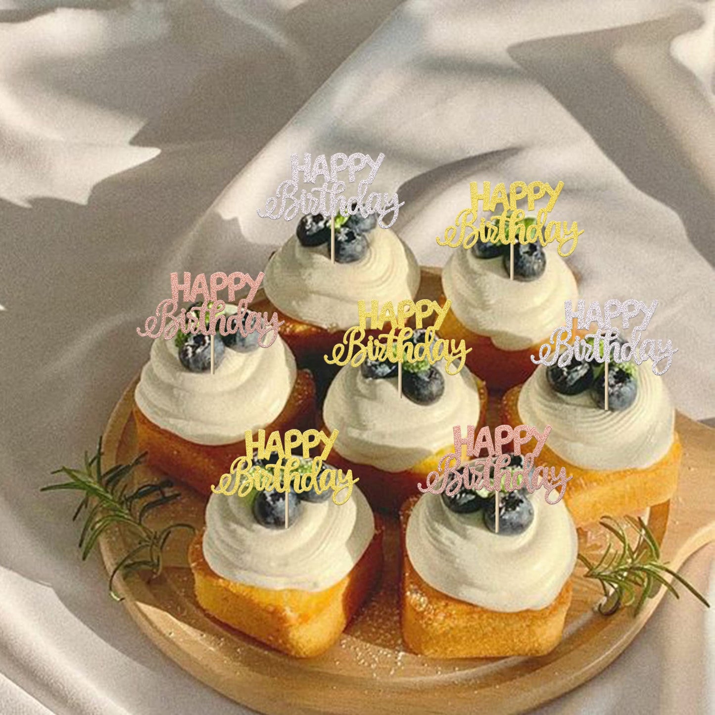 YCTHUNFISH 24 Pack Cupcake Toppers, Glitter Birthday Picks, Baby Shower Decorations, Colorful Bamboo, Gold Accent
