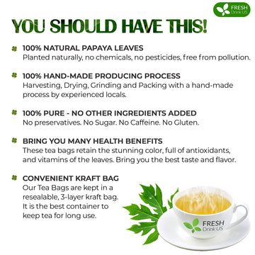FRESHDRINKUS Premium Papaya Leaf Tea Bags, 100% Natural Herbal Tea, 75 Count, Vegan, No Sugar, No Caffeine, Gluten-Free