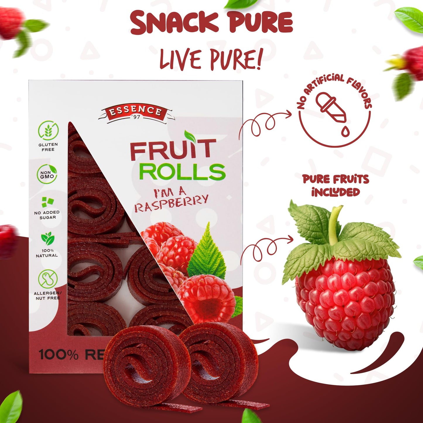 Essence 97 Fruit Roll Ups - Vegan, Non-GMO, No Added Sugar, Raspberry Fruit Strips, 16 Count Snacks for Kids and mature-themeds