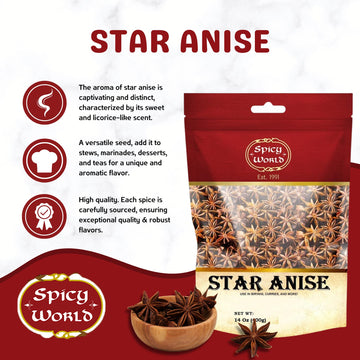 Spicy World Star Anise 14 Oz Bulk Bag | Premium Quality Whole Pods | Chinese Star Anise Pods - Perfect For Flavorful Dishes | Great For Baking & Tea