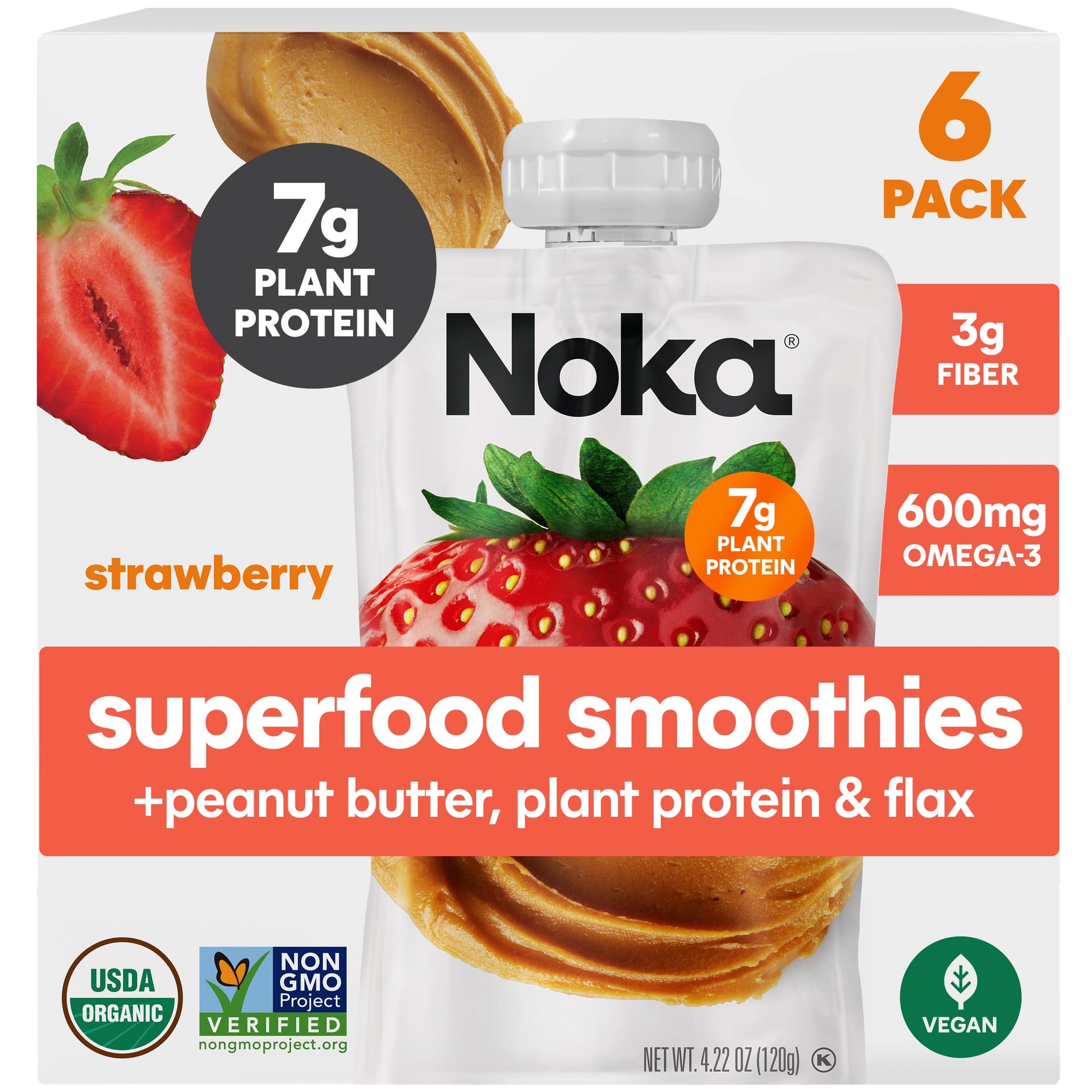Noka Superfood Fruit & Nut Butter Smoothie Pouches, Healthy Snacks (Strawberry Peanut Butter) 6 Pack, Vegan, Plant Protein, Glut