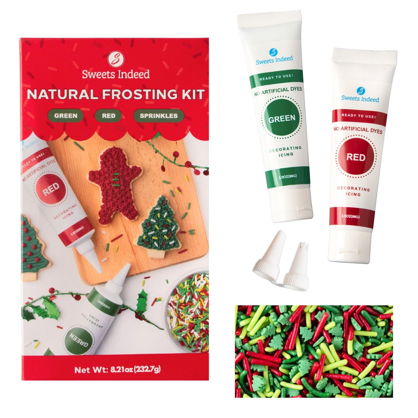 Sweets Indeed Dye-Free Holiday Frosting & Decorating Kit - 8.21 Oz | Red & Green Frosting Tubes With 2 Piping Tips And 2 Oz Dye-Free Sprinkle Mix | Christmas Cookie Decorating & Holiday Baking Set
