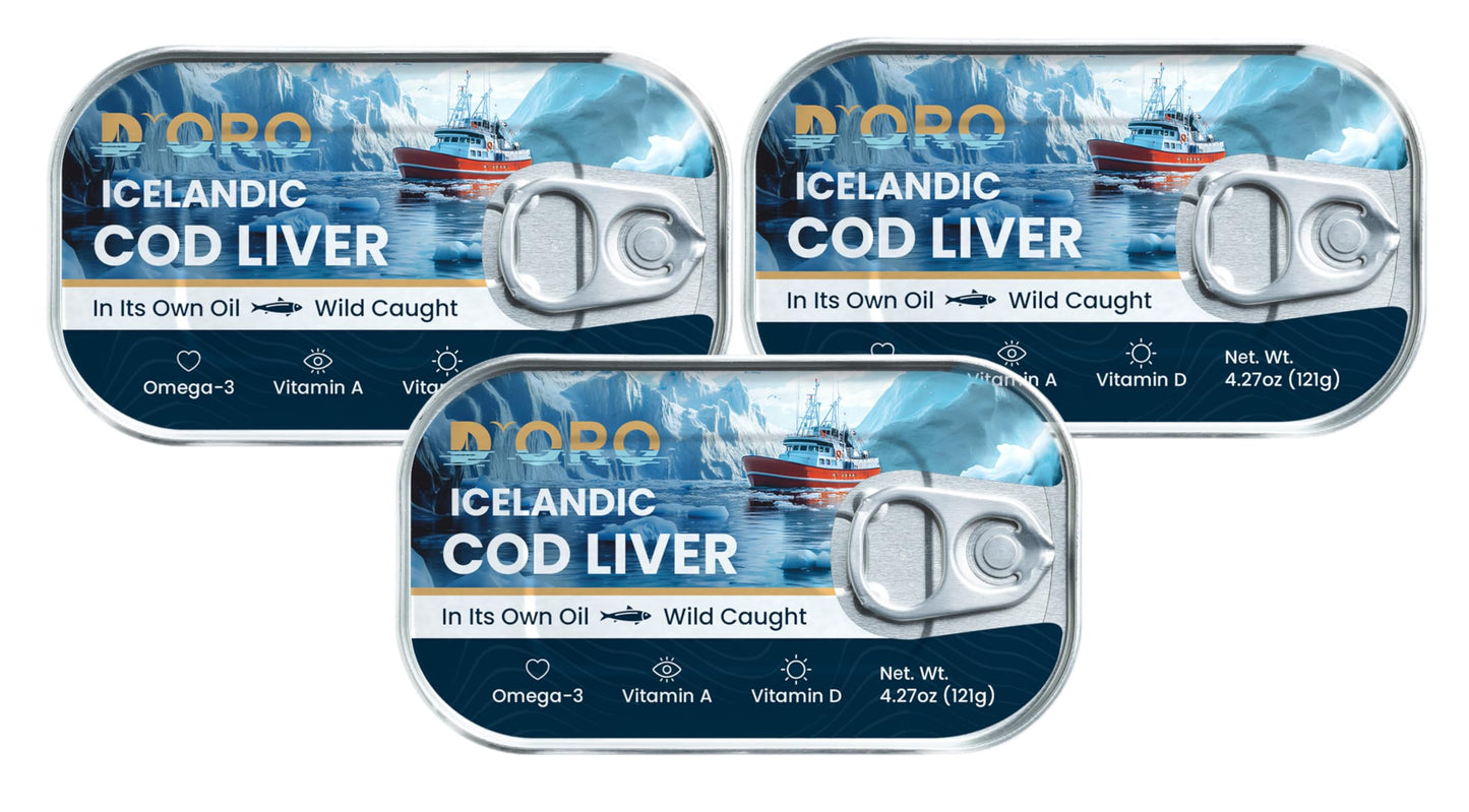 DOro Top-Grade Icelandic Cod Liver In Oil - Wild-Caught Gourmet Delicacy Rich In Omega-3 & Vitamin D 4.27Oz (121Gr) 3 Cans