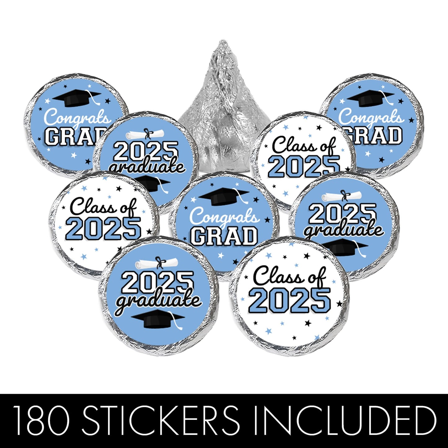 Powder Blue Graduation Party Stickers For Kisses Candy, Chocolate Drops, 2025 Grad Party Favors - 180 Count