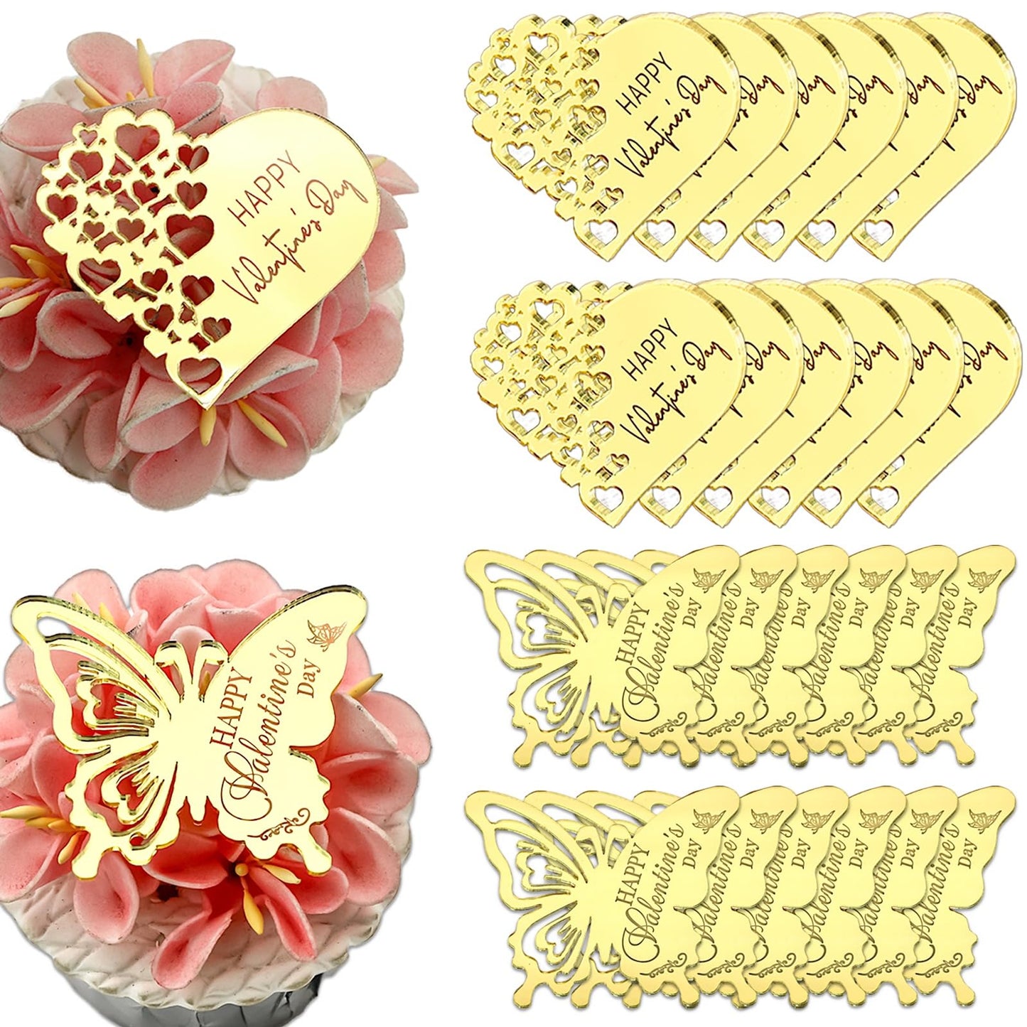 24 Pieces Happy Valentine S Day Cake Toppers Gold Mirror Acrylic Heart Butterfly Design Cupcake Decorations 2.16 X 1.77 Inch