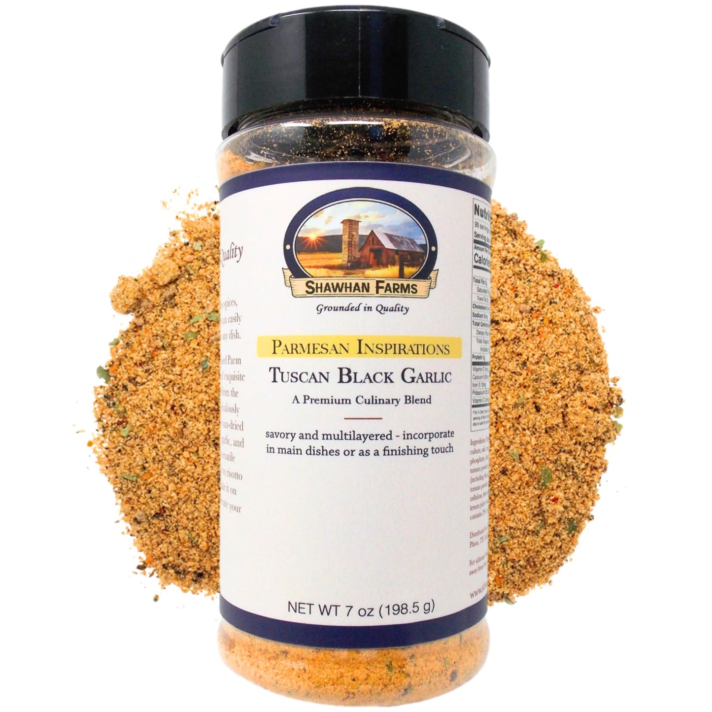 Shawhan Farms Tuscan Black Garlic Parmesan Seasoning, Real Parm Cheese Topper with Sun-Dried Tomato, Small Batch USA, 7 oz Shake