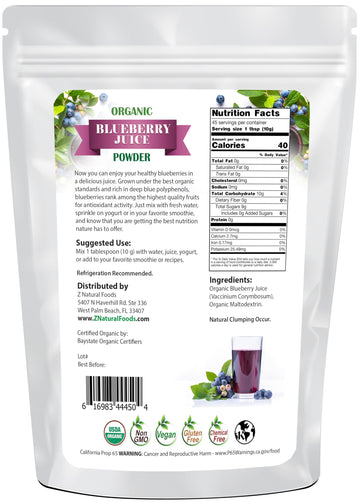 Z Natural Foods Organic Blueberry Juice Powder - Non-GMO, Gluten-Free, Vegan, 16 oz