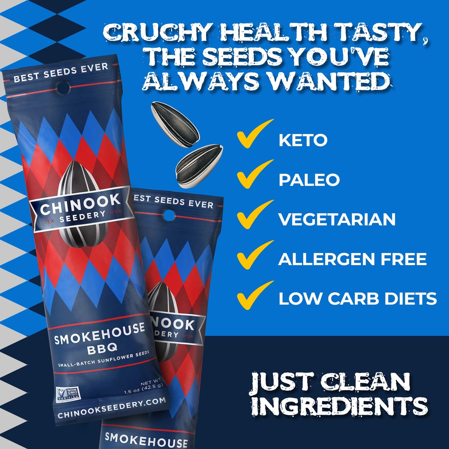 Chinook Seedery Roasted Sunflower Seeds To Eat - 1.5 Oz (Pack Of 36) Smokehouse Bbq - Jumbo Low Sodium Sunflower Seeds Keto Snac