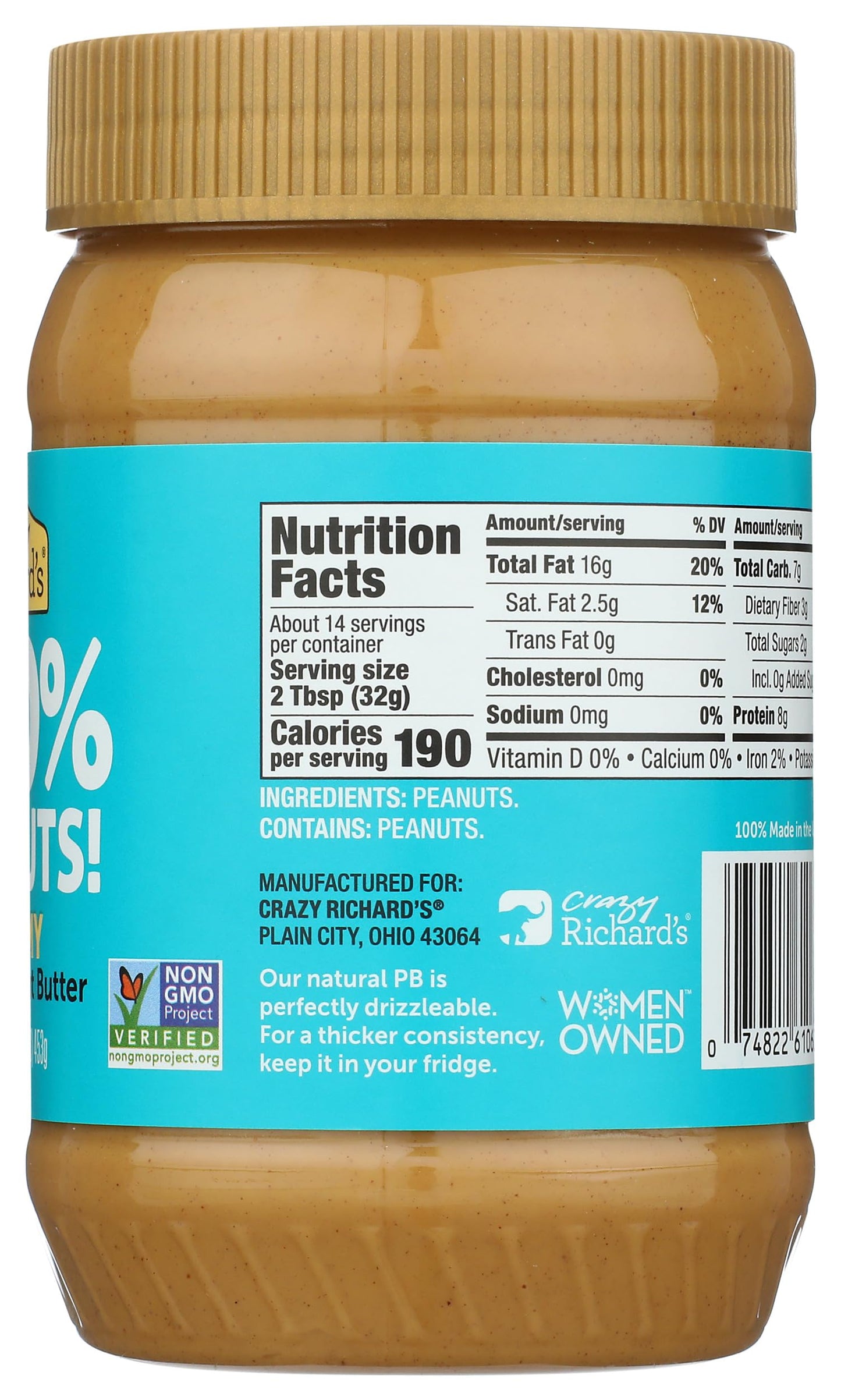 Crazy Richards 100% All-Natural Creamy Peanut Butter, No Added Sugar Peanut Butter Non-GMO, Vegan (16 Ounce (Pack of 1))