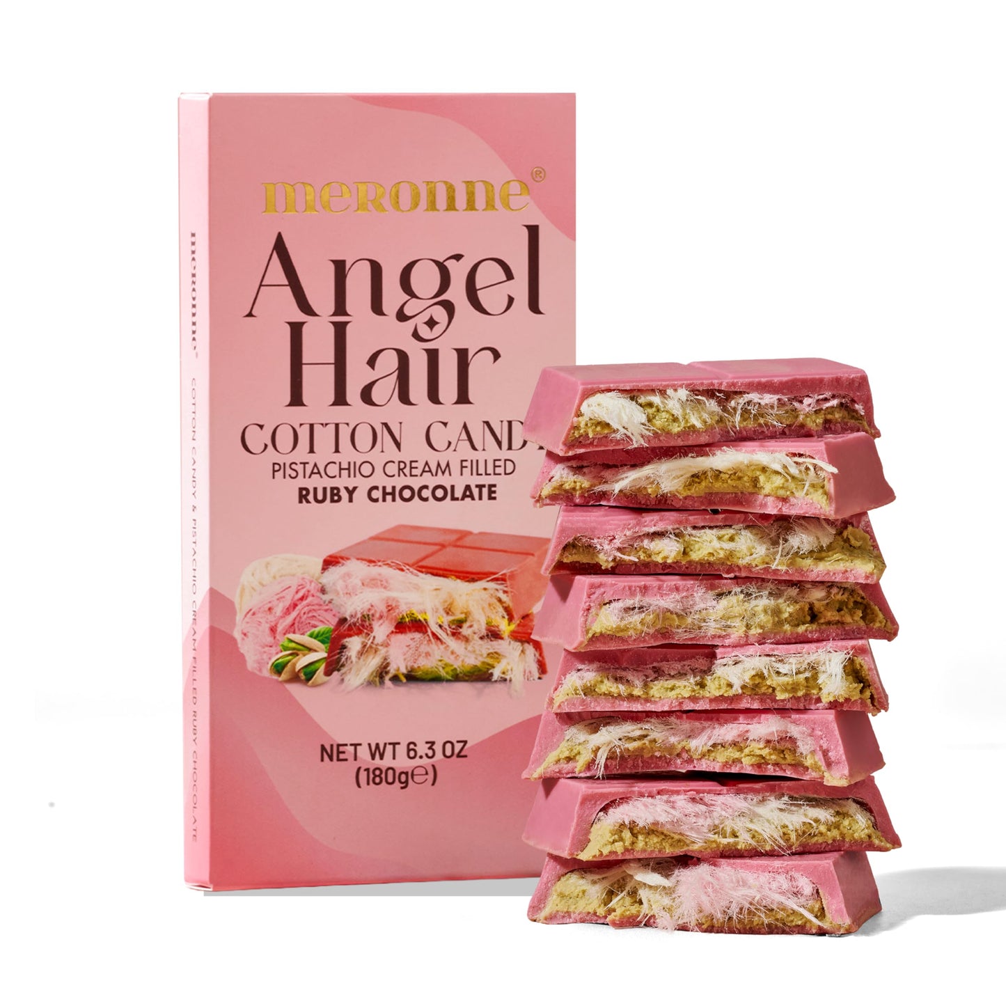 Meronne Angel Hair Ruby Chocolate Bar - 6.35 Oz (180G) - Real Ruby Chocolate With Pistachio Cream & Angel Hair Cotton Candy - Handmade - No Artificial Colors Or Preservatives