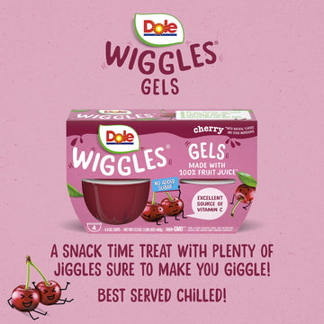 Dole Wiggles No Sugar Added Cherry Fruit Juice Gel Snacks, 4.3oz 24 Total Cups, Gluten & Dairy Free, Bulk Lunch Snacks for Kids