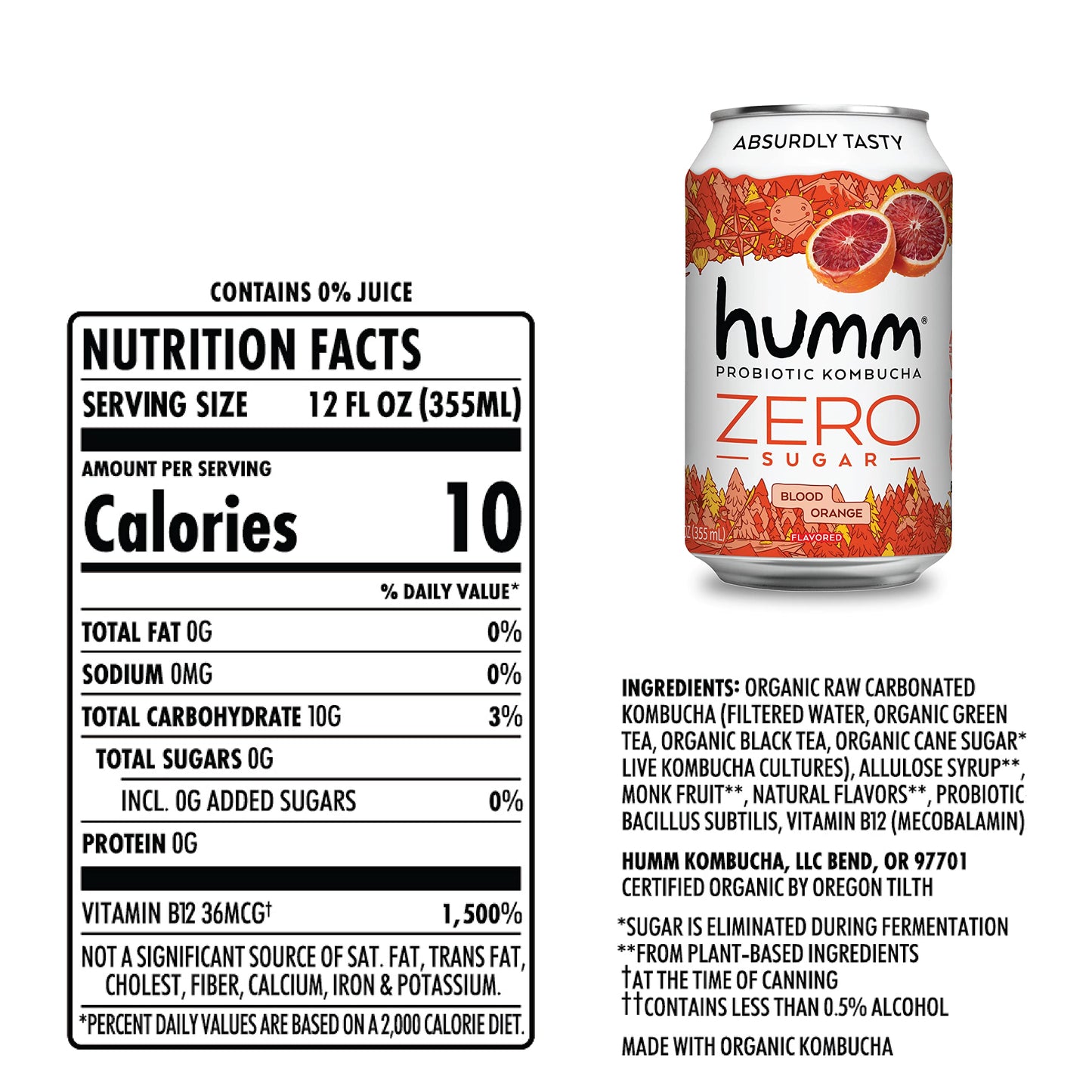 Humm Probiotic Kombucha Zero Sugar Blood Orange - No Refrigeration Needed, Keto-Friendly, Organic, Vegan, Gluten-Free - 12Oz Can