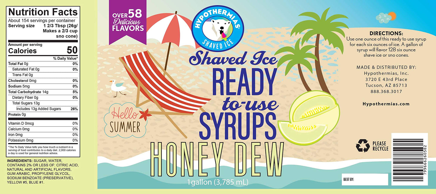 Hypothermias Shaved Ice & Snow Cone Syrup - Gallon (128 Fl. Oz) - Honey Dew - Made With Non-Gmo 100% Pure Cane Sugar, No Corn Sy